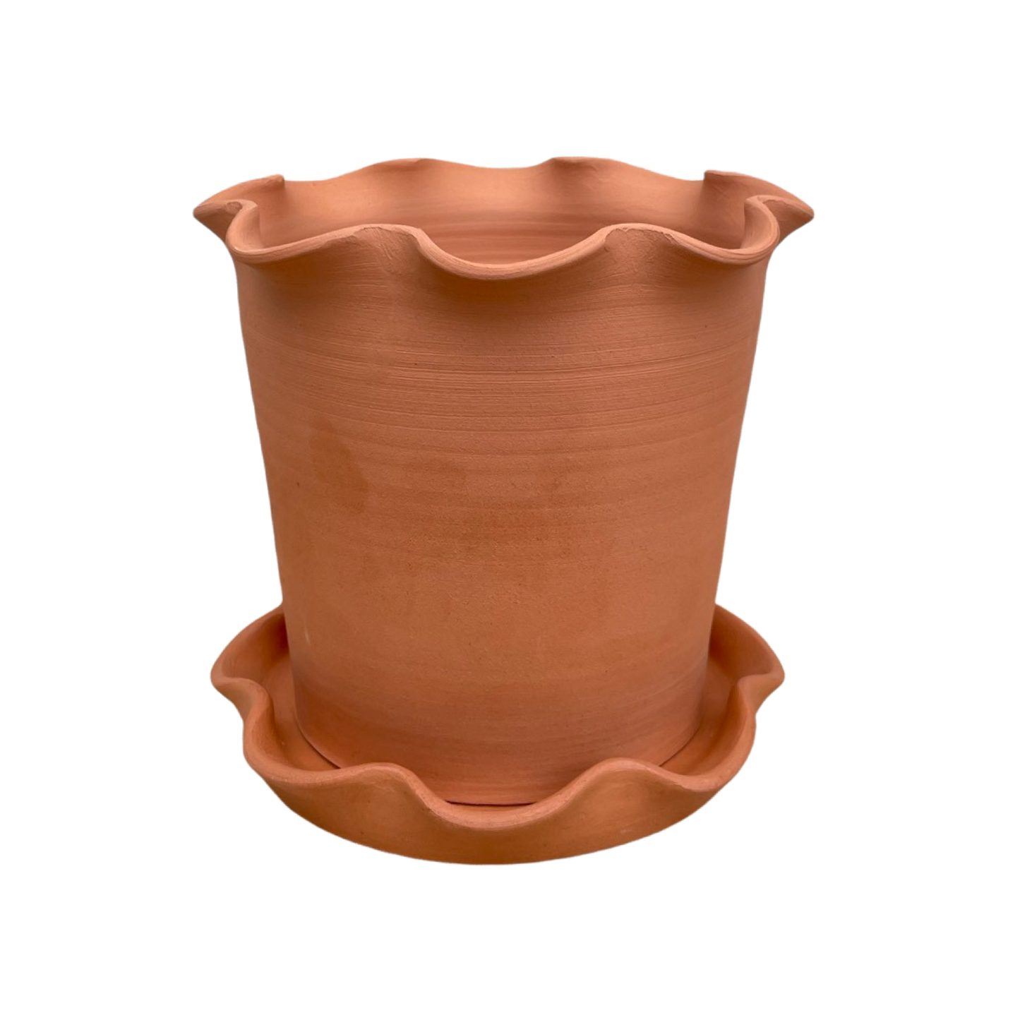 Frilly Plant Pot and Saucer - Terracotta.