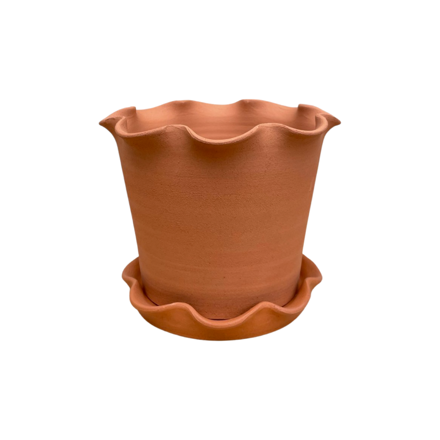 Frilly Plant Pot and Saucer - Terracotta.