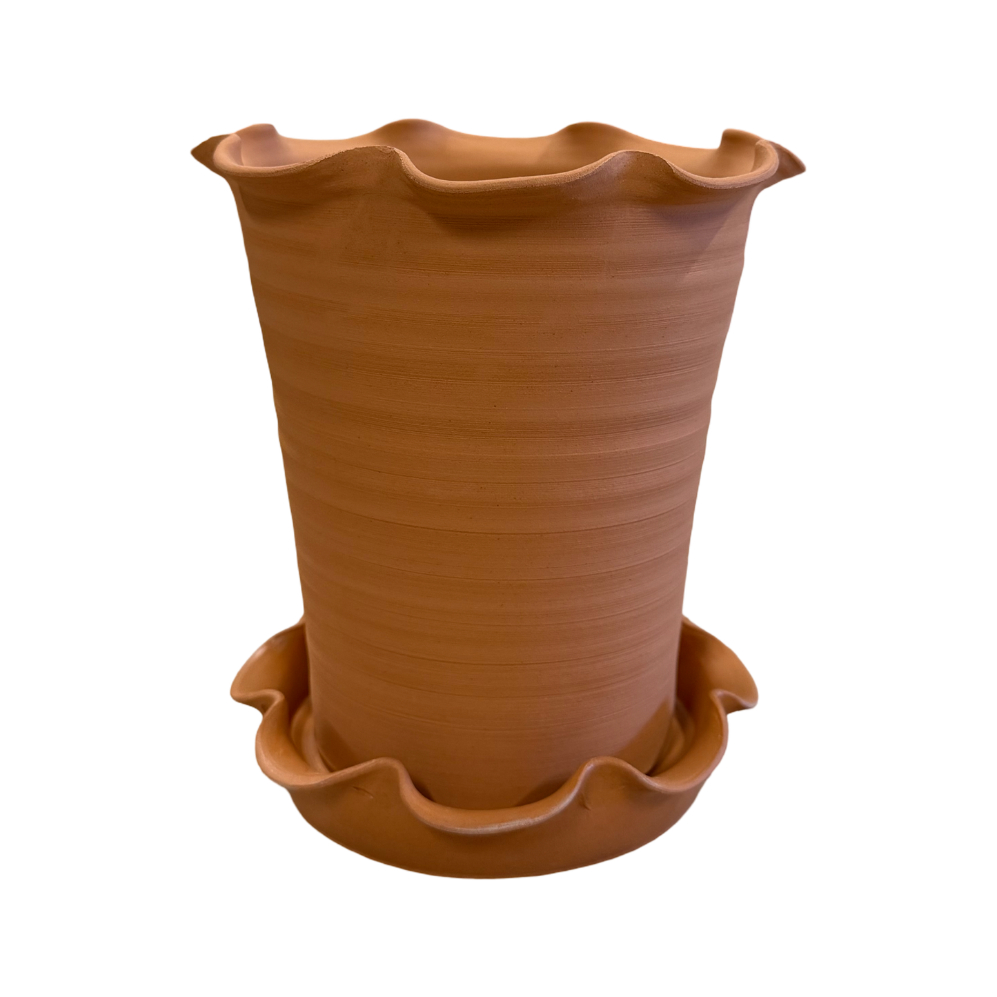 Frilly Plant Pot and Saucer - Terracotta.