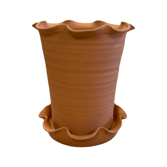 Frilly Plant Pot and Saucer - Terracotta.