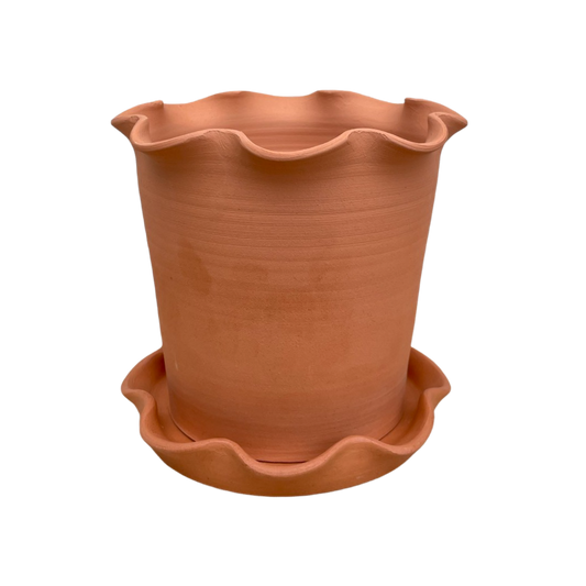 Frilly Plant Pot and Saucer - Terracotta.