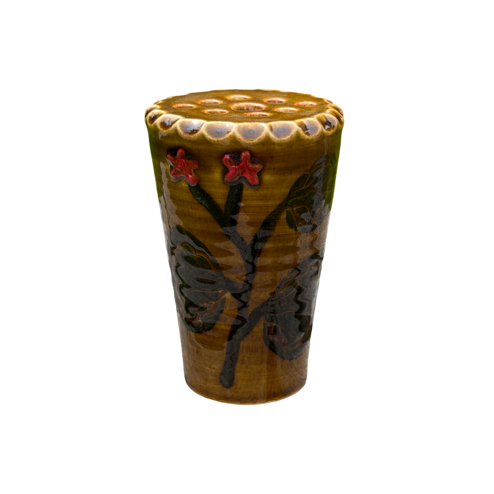 Ceramic cup with floral design on a white background